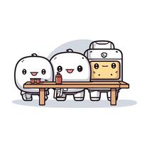 Three little characters sitting at a picnic table vector