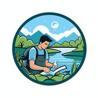 A man is reading a book by the river vector