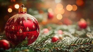 A close-up of a beautifully detailed red Christmas ornament with golden snowflake designs, surrounded by frosted evergreen branches and festive bokeh lights in the background video