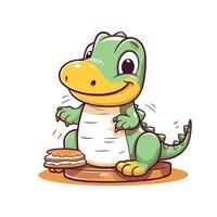 A cartoon crocodile sitting on a table with a piece of food vector