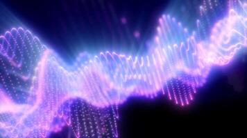 Vibrant pink and purple light waves pulse across a dark background, creating video