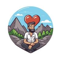 A man with a beard sitting in the mountains with a heart vector
