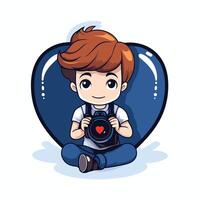 A boy holding a camera and sitting in front of a heart vector