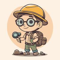Cartoon boy with a magnifying glass and backpack vector