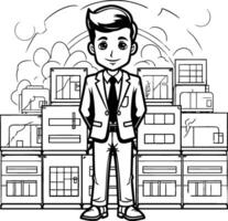 Businessman in suit standing in front of a stack of boxes vector