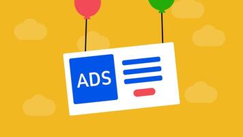 2D animation of a flying billboard or landing page using balloons, depicting advertising and marketing concepts video