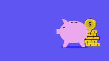 2D animation of piggy bank and dollar coins with open space, depicting saving money video