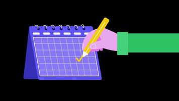 2d animation of hand holding pencil ticking off tasks on calendar, visualizing time management video