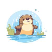 A cartoon otter in the water with grass vector