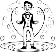 A cartoon man in a tuxedo standing on a heart shaped platform vector