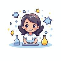 A girl is sitting at a table with a book and a flask vector