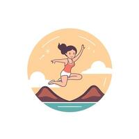 A woman jumping in the air with mountains in the background vector