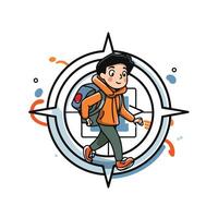 A boy with a backpack is walking around in a compass vector
