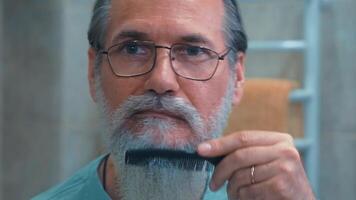 A white middle-aged man combs his gray beard and mustache in front of a mirror. Close-up video