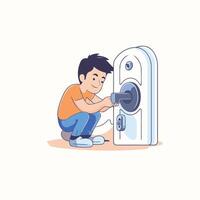 A man is fixing a door with a screwdriver vector