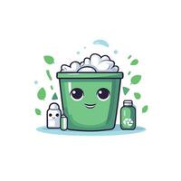 A green bucket with a face and a bottle of soap vector