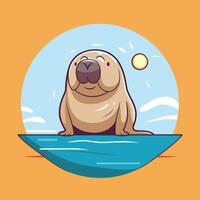 A cartoon seal sitting on a rock in the ocean vector