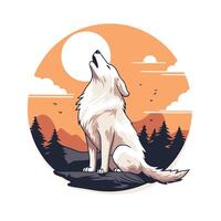 A wolf howling at the moon in the background vector