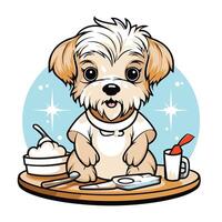 A cartoon dog sitting at a table with a spoon and a cup of ice cream vector