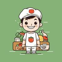 A cartoon boy with a box of vegetables vector
