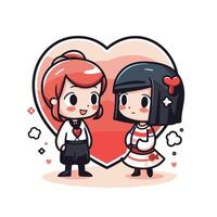 Two cartoon characters standing in front of a heart vector