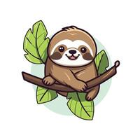 A cartoon sloth sitting on a branch with leaves vector
