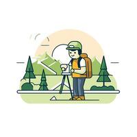 A man with a backpack and a camera is standing in the mountains vector