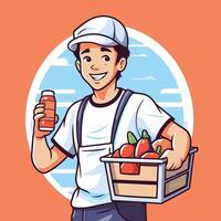 A man holding a basket of tomatoes and a bottle of ketchup vector