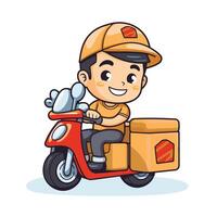 Cartoon delivery boy riding a scooter with boxes vector