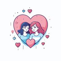 Two women are hugging in front of a heart vector