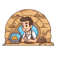 A man sitting in a cave with a computer vector