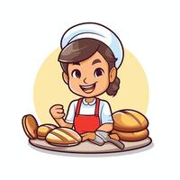 A cartoon baker with bread and other food vector