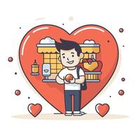 A man holding a heart shaped object with a heart shaped background vector