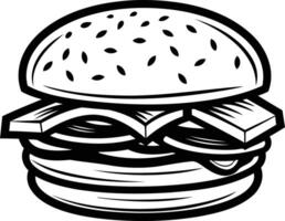 A hamburger is shown in black and white vector