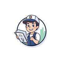 A cartoon character holding a paper and a pen vector