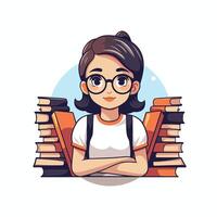 A girl with glasses sitting in front of a stack of books vector