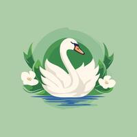 A white swan in the water with flowers vector