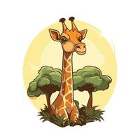 Cartoon giraffe with trees and sun in background vector