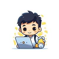 A cartoon boy sitting at a laptop with a teddy bear vector