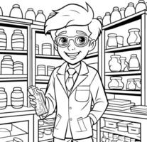 Coloring pages for kids with a scientist in a lab vector