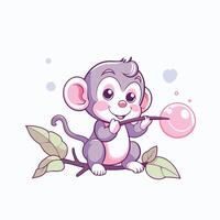 Cute monkey blowing bubble with pink bubble gum vector
