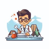 A cartoon man in glasses and a lab coat is working on a project vector