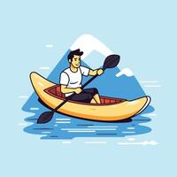 Man in a canoe on the water with mountains in the background vector