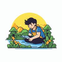 A man sitting on a river bank with a map vector