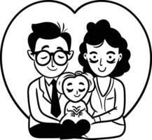 A black and white drawing of a family with a child vector