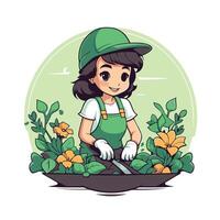 A cartoon girl in an apron and hat is working in the garden vector
