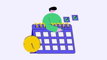 2D animated calendar with a checklist and a clock next to it, visualizing time management and task management video