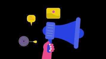 2D animation of a hand holding a megaphone, depicting marketing and digital marketing activities video