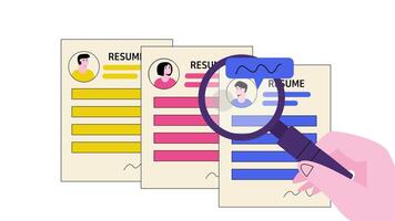 2d animation of a hand holding a magnifying glass looking at a resume, illustrating selecting employee candidates in the recruitment process video