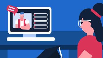 2d animation of a female student studying using a online course using a computer in her room video